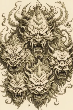 请帮我画一个有九个头的神兽，神兽的脸部是人的五官，他的体型和外形与老虎相似，九个头长在一个身体上，融入中国画元素，加入一些色彩和白雪，它生长在昆仑山，请加入山脉的元素，请将神兽的身体也画出来