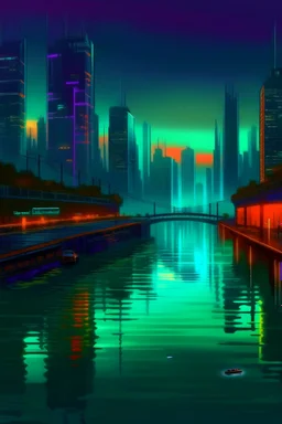 a large river in a modern city world, large buildings, cyberpunk style