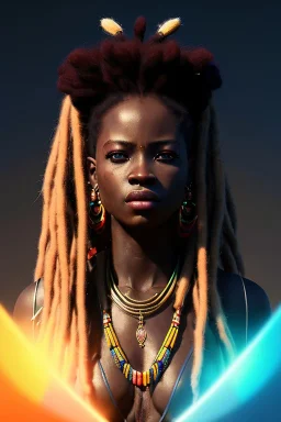 African female warrior, dreadlocks, colorful beads in hair, ominous, dnd character portrait, waist up portrait, intricate, oil on canvas, masterpiece, expert, insanely detailed, 4k resolution, retroanime style, cute big circular reflective eyes, cinematic smooth, intricate detail , soft smooth lighting, vibrant colors, hokusai style arm sleeve tatoo