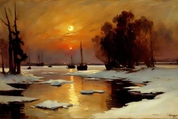 Sunset, ice, ships, trees, winter, john singer sargent impressionism painting