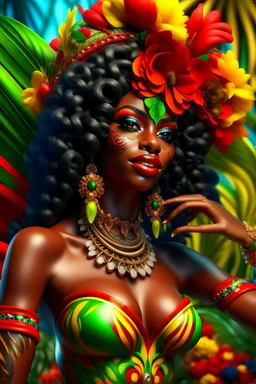 Create a digital airbrush cartoon of a curvy African American female wearing Brazilian carnaval outfit outfit that's red, black and green. Prominent make up with hazel eyes. Highly detailed very long extremely curly black hair. Her skin is smooth and silky. Background of a judge full of colorful flowers