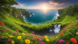 super wide angle lens perspective showing curvature of earth at the horizon, brilliant lush vibrant landscape giving way to the ocean, trees flowers waterfall verdant, eco-friendly, award winning photography