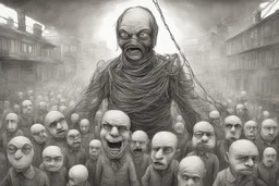 an oppressive government looms above, pulling the strings of puppets below, the news media broadcasts their suffering everywhere, dystopian, dread, horror