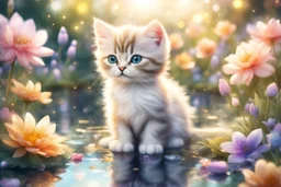 gemstone and jewel kitten in a flowergarden with beautiful flowers, pond, in sunshine, anime, watercolor and black in outlines, golden glitter, ethereal, cinematic postprocessing, bokeh, dof