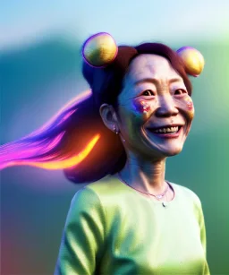 Ultra Realistic photo, medium shot view, drunken sweet dancer old Asian woman, carnival scene, monster hair, steampunk style. Red hair, confeti, smile, happy, festival, ovnis, gradient color fog. highly detailed, concept art, unreal engine 5, ray tracing, RTX, lumen lighting, ultra detail, volumetric lighting, 3d, finely drawn, high definition, high resolution.