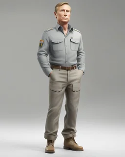 4D cartoon with big head, ultra-realistic details of Putin dressed in a plain gray long-sleeved shirt, cargo pants, cream-colored boots, hands in pockets, white background