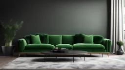 Black interior with green velour sofa, table, fur carpet and decor. 3d render illustration mock up.