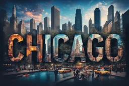 Prompt : A striking high-contrast, cinematic photo-style vertical collage that captures the essence of the City. Each letter of "CHICAGO" is represented by a dynamic and vibrant scene, with different iconic landmarks and moments in time. Grand buildings and Parks dominate the background, while smaller scenes such as bustling street life, yellow taxis, and people performing various activities fill the foreground. The overall mood is energetic and lively, with an emphasis on the vibrant spirit of