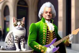 Mature cats dressed like "Wolfgang Amadeus Mozart", paws, playing music, street, Vienna, friendly, sunny day, model style, hyper realistic, extremely accurate, delicate, extremely detailed, Graphic novel style, wide-angle, open aperture, superfine pencil