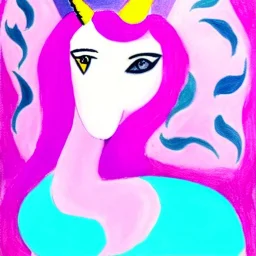 Retrato de una niña muy guapa llamada Eira Mozos Bugallo montando un unicornio rosa con el estilo de Pablo Picasso