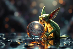 airbrush with pen outline, gremlin kissing a reflective orb containing plasma in the style of Escher , bokeh like f/0.8, tilt-shift lens 8k, high detail, smooth render, down-light, unreal engine, prize winning