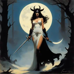 [art by Frank Frazetta] In the shadowed glade, where the moon cast an eerie glow, a figure emerged from the darkness. A demoness, with goat horns spiraling from her head, stood tall and proud. Her vestal linen dress stained with the blood of the celebration she had just made. The demoness wielded a sword, gleaming in the moonlight, a weapon of ancient power and dark intent. Her eyes, a fiery gaze that spoke of untold secrets and forbidden knowledge, surveyed the scene before her with a mix of sa