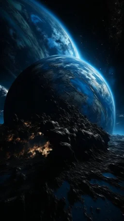 Intense cold dark blue planet behind Earth view from a distance, a lot of Intelsats orbiting around Earth, Hole apocalypse wipes out Universe. Cold blue cloudy hole collision explodes in outer space.a shape of devilish dark body with hood in the hole like sucked in side Epic galaxy , Cinematic interstellar