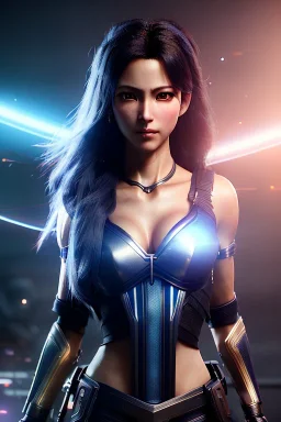 Middle age female anime warrior, face wrinkles, orange eyes, gray hair with dark blue hair, ponytail hairstyle, waist up portrait,4k resolution, intricate details, ornate details, soft lighting, vibrant colors, retroanime, masterpiece, intricate eyeliner, dark eyeshadow, futuristic cityscape background