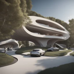 Complex of ten oval cabins, Zaha Hadid style, ultra quality, hyper-detailed, digital art, 8k 3D, trees, parking lots, people