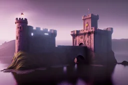 old castle, foggy, moat of lava, drawbridge. surrounded by cliffs, purple