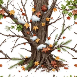 detailed Real Tree Camouflage made of sticks, twigs, tree bark, dried maple leaves, green pine branches, snow and dirt, white background, seamless repeatable texture pattern imitating a natural forest background, add details