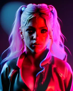 portrait, Shakira, blonde artist, angry, Realistic image, MMA robe, hoodie, mouthguard, nose, band aid, loose long hair, eyes make up, perfect, glow, circle iris. Rain, fog, Neon colors, leds. Dark background, photo studio, neon lights. concept art, smooth, unreal engine 5, god lights, ray tracing, RTX, lumen lighting, ultra detail, volumetric lighting, 3d, finely drawn, high definition, 4k.