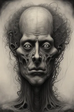 The face of a man with hairy curly head a thin line draw ، front view camera, decayed and rotting with grotesque proportions and imagery. surreal horror, biomechanical design, by hr giger and beksinski , fine lines draw