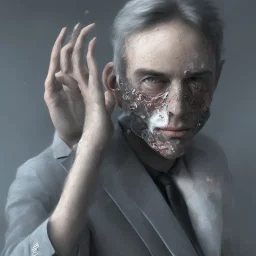 Extremely detailed portrait of a man covering his fading face with multiple hands and finger covering his face, digital painting.