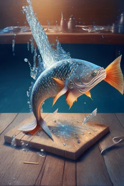 a 3d rendering of a beautiful genius fish with hands and fingers, down in the sparkly water, producing a wooden table and a big knife