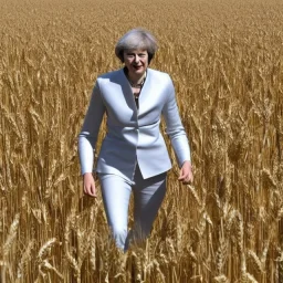 theresa may in a robot suit, running through fields of wheat, sunshine, daytime