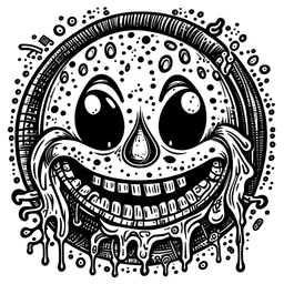 A black and white line drawing of an sad acid smiley face in old school tattoo style with horror elements