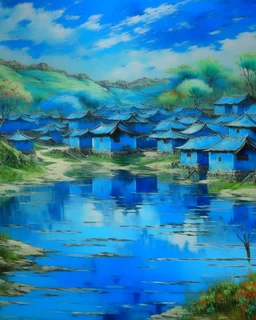 A blue Japanese village near a watery springs painted by Claude Monet