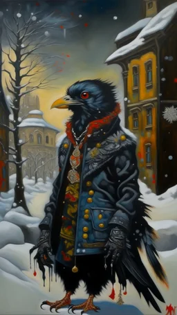 A painting by Kunisada and Monet of a human-like crow adorned in a punk leather jacket within a snowy Christmas atmosphere.