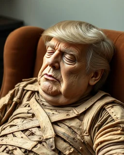 a chubby really old decomposing male mummy, looks similar to donald trump, eyes closed, leaned over in a brown chair