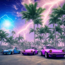 1980's aesthetic vaporwave palm trees and spheres and Porsche with lightning