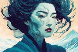 create an imaginative print illustration of an ethereal, otherworldly gaunt and withered ancient female Vetala shape shifting vampire , in the style of Hasui Kawase , Shiro Kasamatsu combined with the graphic novel style of Bill Sienkiewicz, with highly detailed feminine facial features