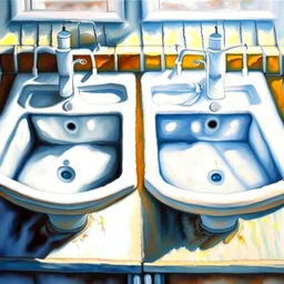 two white sinks, in one of them water is turning right and in the other lef, art, oil drawing, bright,