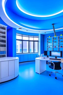 The office desks are hung on the walls in an oval shape, and the color of the walls is blue and the floor is white