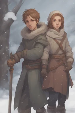 DnD style, two medieval peasant kids playing in the snow male and female, age 14 and 15, happy and playful, he has a short sword.