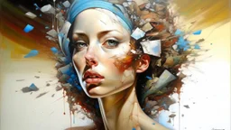 A modern day surrealist oil painting: My Exploding Head is the title of this piece, dutch master, , --ar 15:9 : depicting a surreal clear pixel glass exploding beautiful woman’s head and face made up of cracked fragments floating/pulled apart, 3d, all the broken and cracked fragments drifting far away, layers and layers, expanding/moving away from each other suspended in the air, inside the head is a galaxy, a whole world of art things, surrealist,