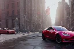 A Tesla 'Model Y' is drifting at high speeds, near the 'Pier 11' in Manhattan. (CINEMATIC, WIDE ANGLE LENS, PHOTO REAL)