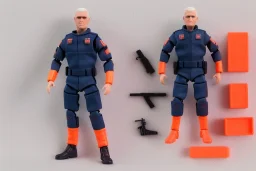 Box of Mike pence g.i. joe toy figure With a Laser gun space force Blue fabric uniform, fluorescent orange, black boots full body packaging feet