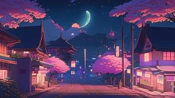 Beautiful anime town at night, cartoon, anime, lofi, pastel, cinematic, nostalgic, town