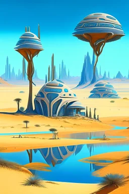 alien buildings, in the desert, surrounded by acacia trees, dunes, pathways, lake, roads, mountains, blue sky