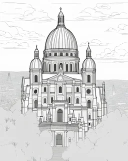 a coloring page, depicting the Sacre Coeur in France, full page, full view, black and white, line art, outline, highly defined lines, no trees, no grass
