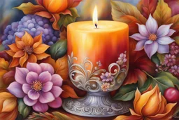 Beautiful Autumn candle with flowers and decorations. Realistic. Vivid colors, delicate colors, satin, stilizyed, silk. Oil painting, flowing art, trending on artstation, sharp focus, studio photo, intricate details, highly detailed, a perfect masterpiece. Art in the style of Jody Bergsma.