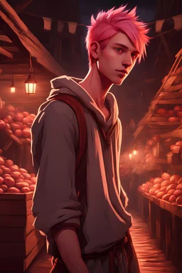 teenage young man of average height and appears to have a slender build when wearing baggy clothing, has a lean and muscular physique. He also has relatively large light brown eyes and spiky pink hair styled in an undercut fashion walking inside a mediaeval market at night, dressed in peasant clothing, digital art, 4k.