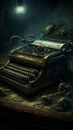 Bosch nightmares paining style Title:an old typewriter machine, 8k artistic photography, photorealistic concept art, soft natural volumetric cinematic perfect light, chiaroscuro, award-winning photograph, masterpiece, oil on canvas, Raphael, Caravaggio, Greg Rutkowski, people, beksinski, Giger