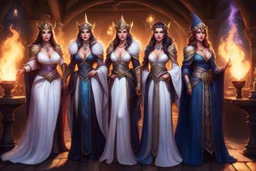 Amidst the flickering torchlight of the crowded tavern, three enchanting sorceresses stood side by side, their mystical auras shimmering with an otherworldly allure. 🔥 Clad in flowing robes that accentuated their every movement, they exuded an air of command that silenced the rowdy patrons. Each of them possessed an undeniable presence, their gazes cutting through the haze of smoke and ale, demanding respect. ⚡ The blonde sorceress at the center adjusted her jeweled tiara with deliberate grace