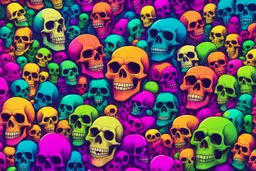 a field of 1000s of cartoonish, anatomically correct, skulls, vivid RANDOM BRIGHT neon colors, dark comedy, well lit, high detail, photorealistic, horrorcore, fun, scary, none featured, each a different color or hue,