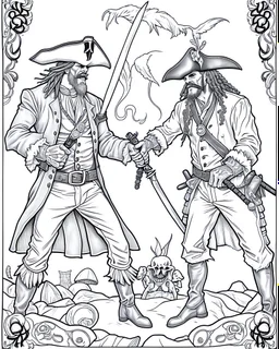 Pirates of the Caribbean: Dueling Pirates Coloring Challenge: Create an action-packed coloring page inspired by the Pirates of the Caribbean movie, featuring a dramatic scene with two pirates engaged in a thrilling sword duel. Capture the intensity of the battle with dynamic poses and expressions, providing ample space for young artists to color the characters and their surroundings in black and white. This coloring challenge invites kids to infuse their creativity into the high-stakes world of