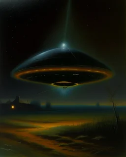 A black UFO with lasers painted by Birge Harrison