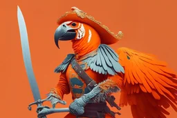 half parrot half human in a orange Dutch uniform with a katana having a sword fight against a skeleton