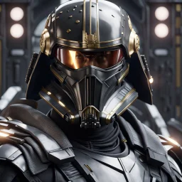 star wars bald male corellian pilot wearing pearlescent black and gunmetal grey First Order special forces heavy assault stealth commando armor and helmet with gold trim inside the jedi temple, hyperdetailed, dynamic lighting, hyperdetailed background, 8k resolution, volumetric lighting, light skin, fully symmetric details